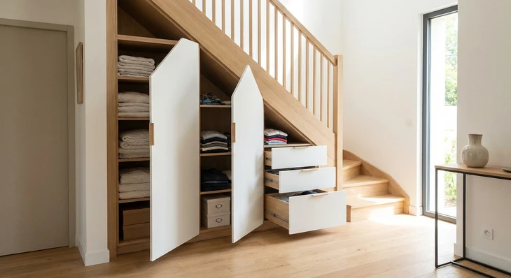 Intérieur moderne avec grande armoire murale grise à six portes battantes