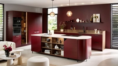 Cuisine moderne ouverte, coloris bordeaux mat, îlot central arrondi avec plan de travail blanc et étagères en bois naturel
