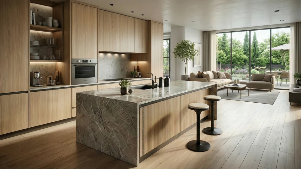 Une cuisine moderne et lumineuse avec des armoires blanches, des appareils en acier inoxydable et un &icirc;lot central avec un comptoir en bois, cr&eacute;ant un espace propre et fonctionnel