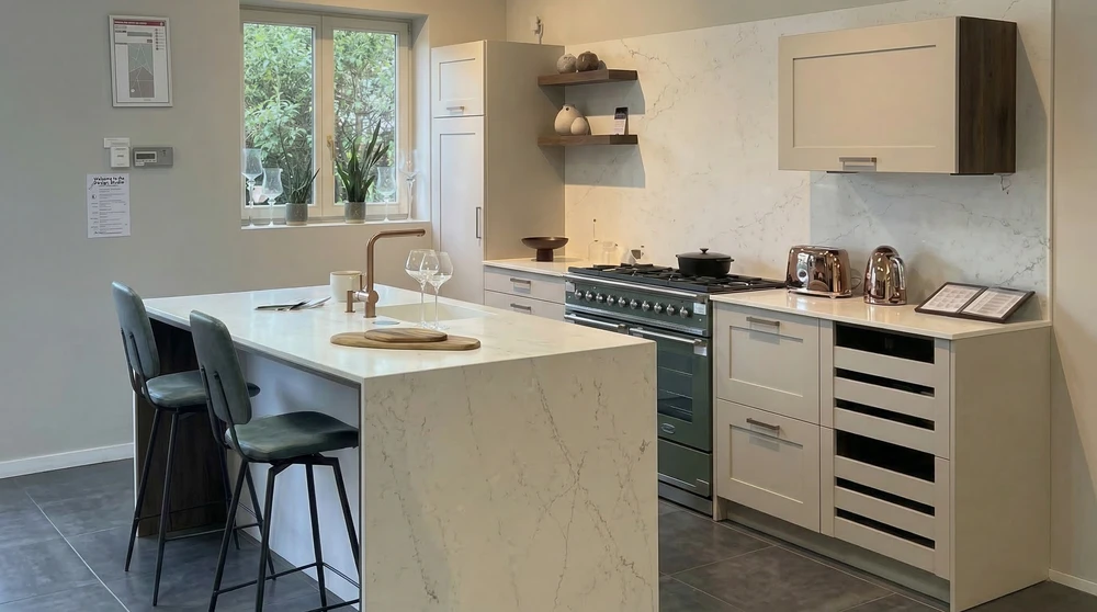 Cuisine moderne rénovée, armoires blanches style shaker, plan de travail en granit beige veiné, îlot central avec évier encastré et lave-vaisselle inox