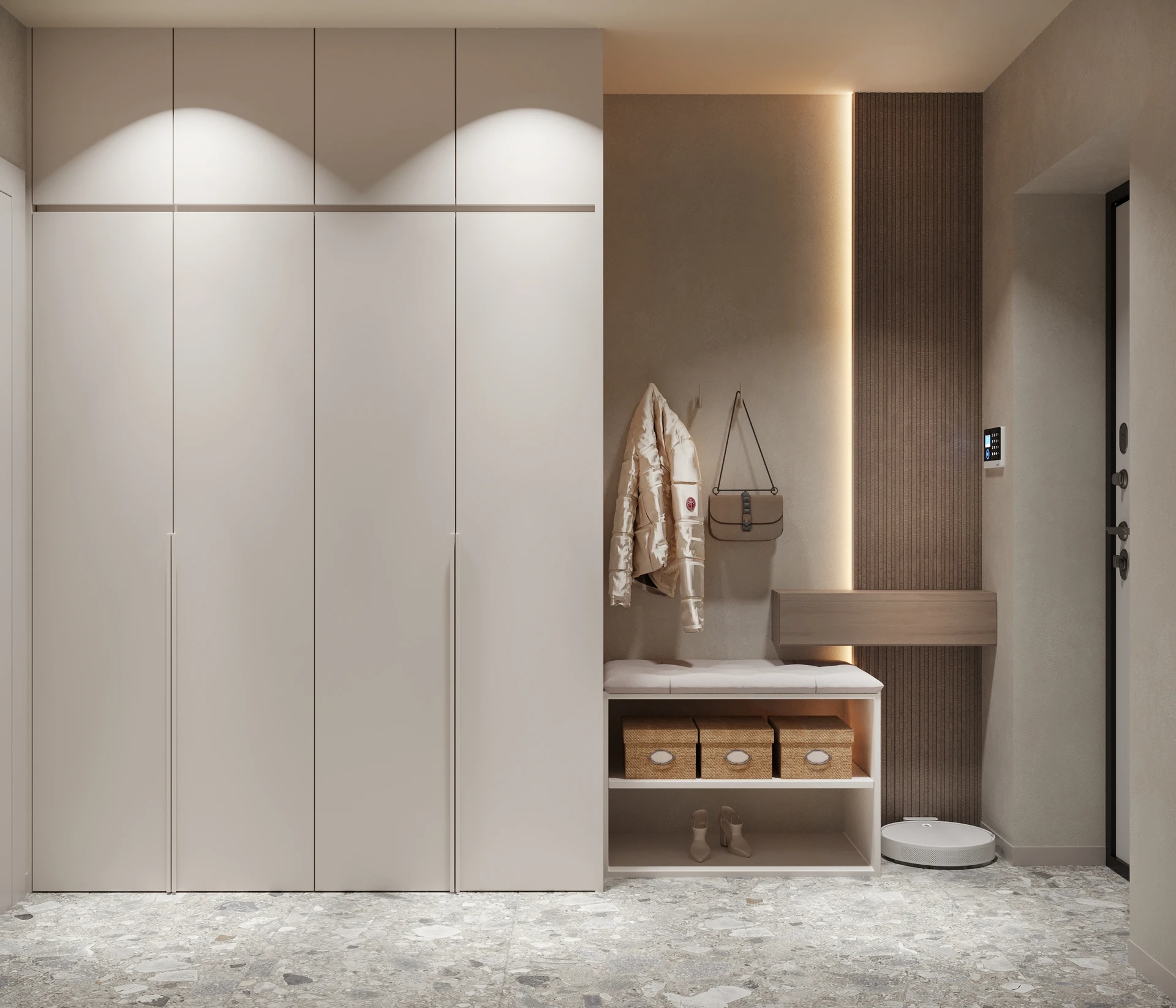 Vue extérieure d'une vitrine de magasin d'aménagement intérieur moderne et accueillante, avec des façades et agencements d'intérieur visibles derrière les vitres, mettant en évidence le point de vente physique. La devanture est bien éclairée et professionnelle, symbolisant une nouvelle enseigne accessible aux clients locaux.