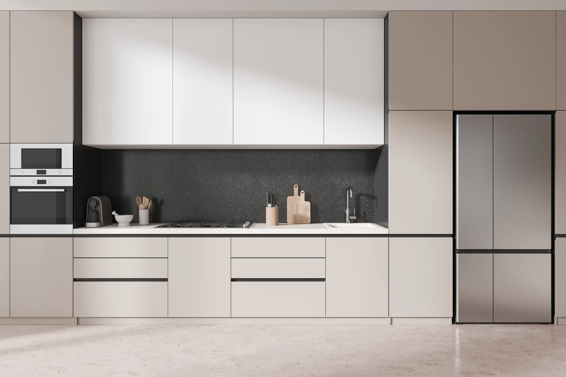 Salle de bain moderne avec toilettes suspendues murales, meuble vasque flottant en bois avec rangements ouverts, miroir LED rectangulaire et éclairage linéaire au plafond