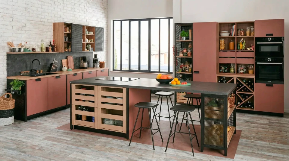 Cuisine moderne minimaliste avec îlot central blanc et tabourets en bois