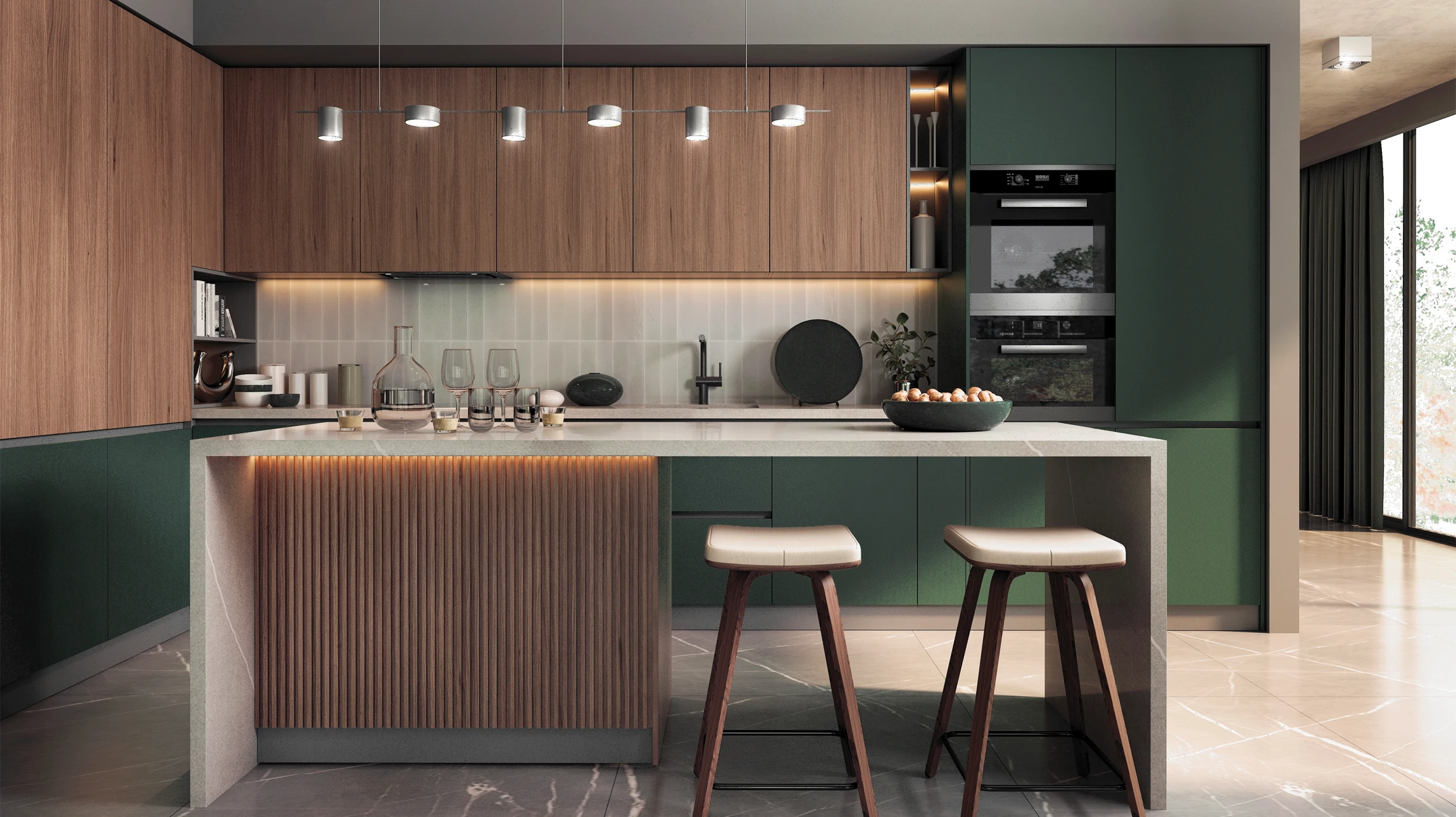 Une cuisine moderne et lumineuse avec des armoires blanches, des appareils en acier inoxydable et un &icirc;lot central avec un comptoir en bois, cr&eacute;ant un espace propre et fonctionnel
