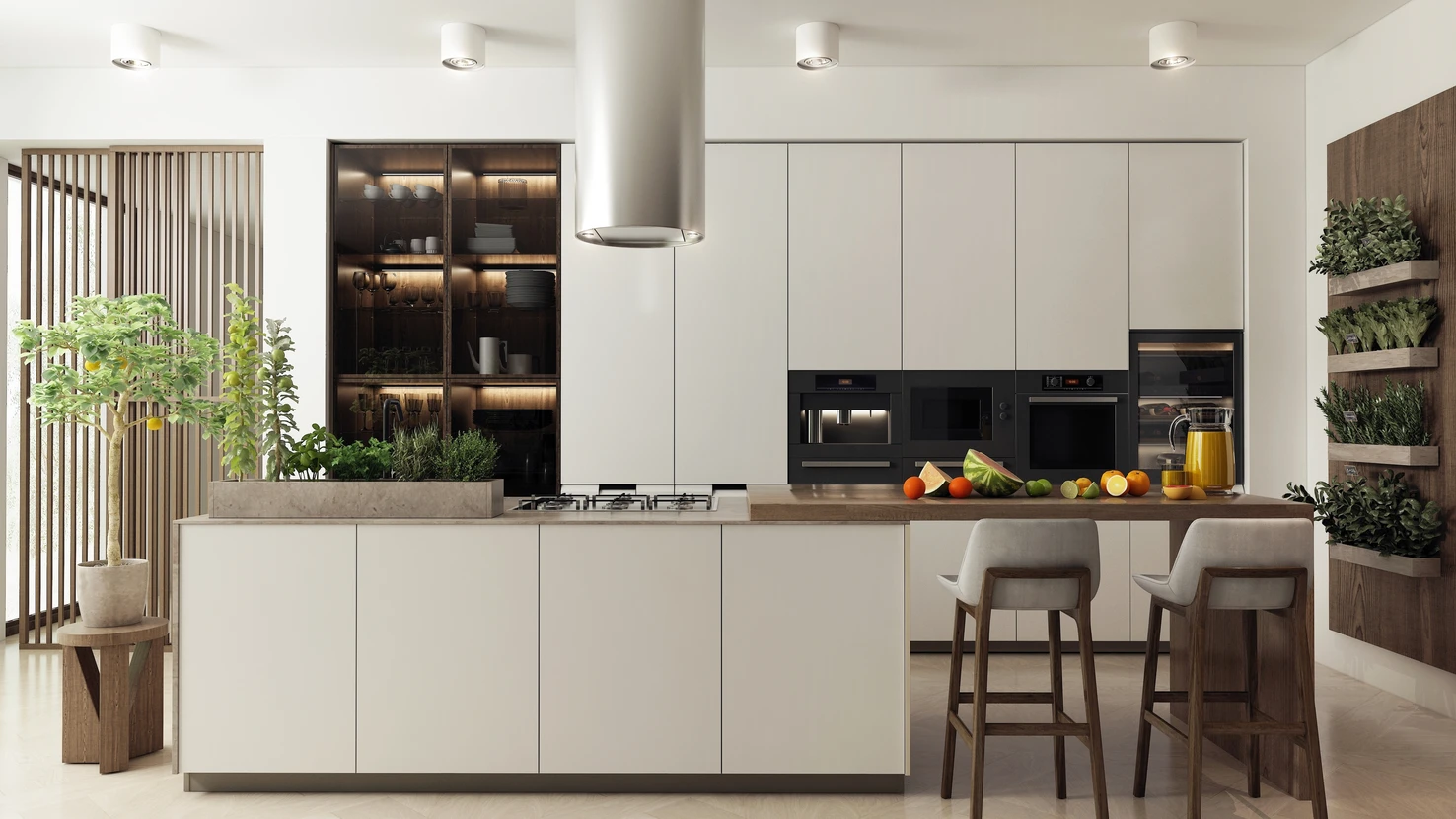 Cuisine moderne avec &icirc;lot central &eacute;quip&eacute; de plaques &agrave; induction et &eacute;vier int&eacute;gr&eacute;